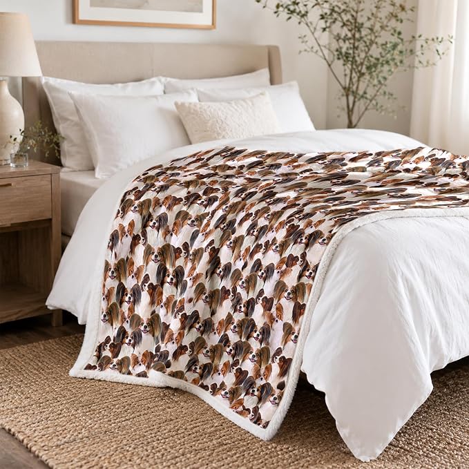 BlessLiving Throw Blanket, Brown Dog Animal Gift, 50x60 in | sherpa fleece fabric, Papillon Dense Pet Blankets Puppy Lovers print, for couch or sofa, pet lovers, easy machine care