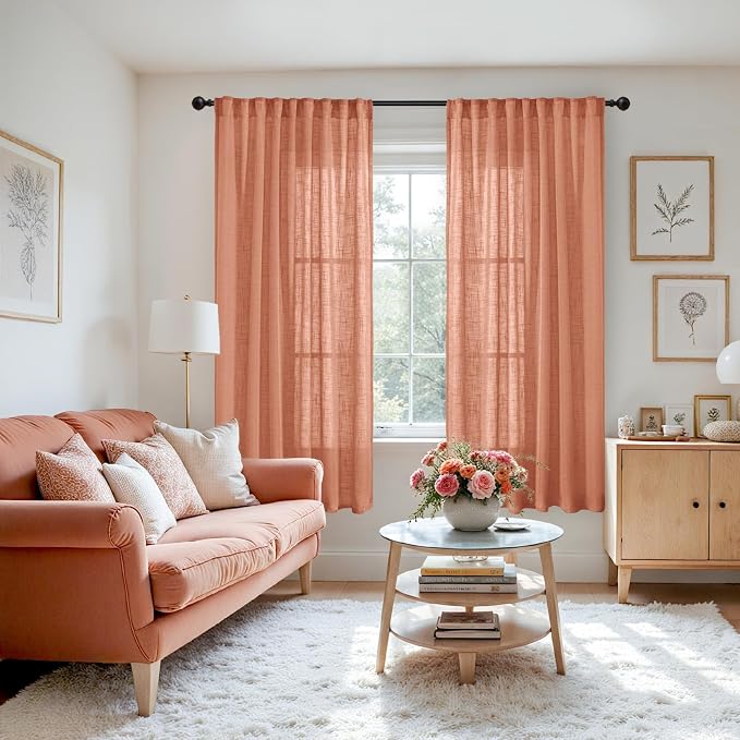YoungsTex Burnt Orange Linen Curtains 68 Inches Long for Living Room - Semi Sheer Drapes Light Filtering with Rod Pocket Back Tab Rustic Lightweight for Bedroom Window, 2 Panels, 52 X 68 Inch