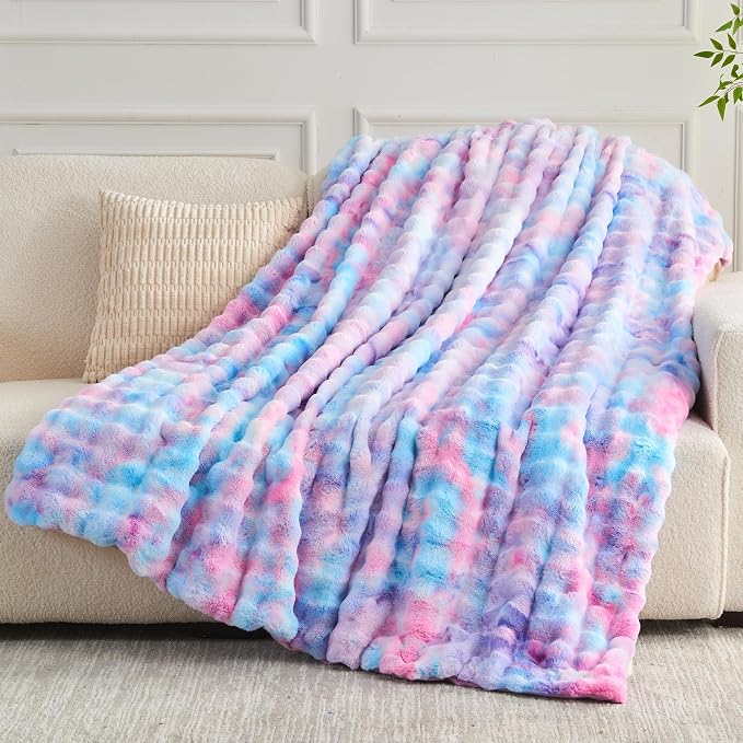 NEWCOSPLAY Faux Fur Bubble Throw Blanket for Couch, Purple Rainbow, 50"x60" | Fluffy Soft Thick Warm Bubble Blanket for Couch Sofa Bed 700GSM, Plush Cozy Luxury Decorative Throw, Gift for Women Men