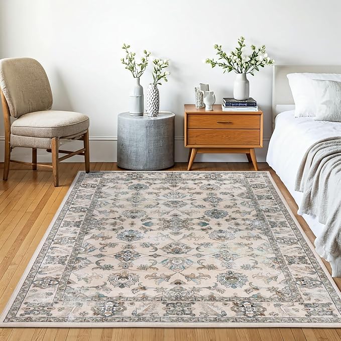Machine Washable Area Rug, Soft & Durable, Non-Slip, Stain Resistant Rug for Bedroom, Living Room, Dining Room, High Traffic Areas. (Ivory, 9' X 12')