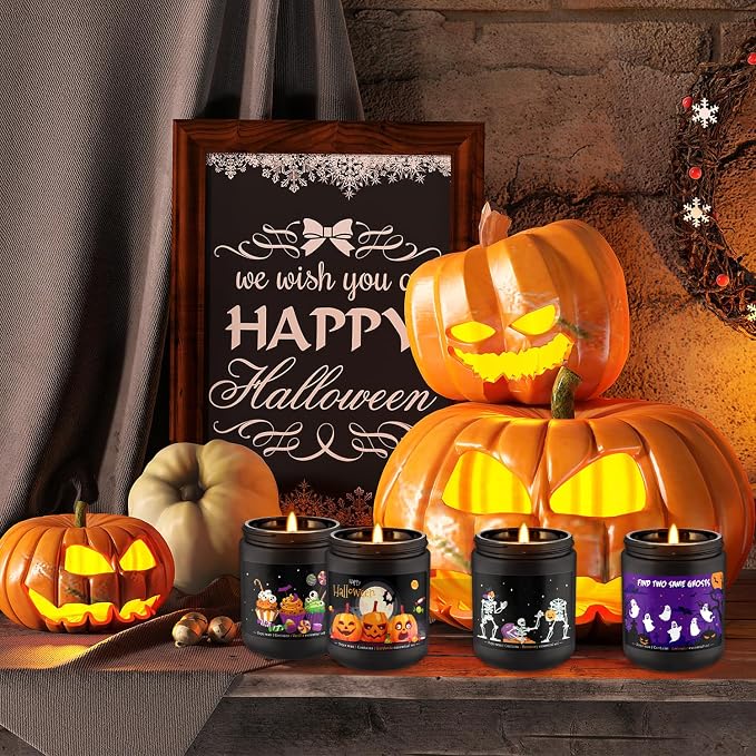 4 Pack Black Halloween Scented Candles -7oz Soy Wax Candles with Essential Oils (Rosemary, Vanilla, Gardenia, Lavender)