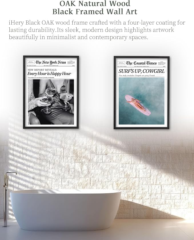 iHery 16x20in Every Hour Is Happy Hour Black Framed Newspaper Wall Art | Premium Black Natural OAK Wood Frame with Canvas Print, Retro Editorial Decor for Bedroom, Girl Dorm, Living Room 1Pack