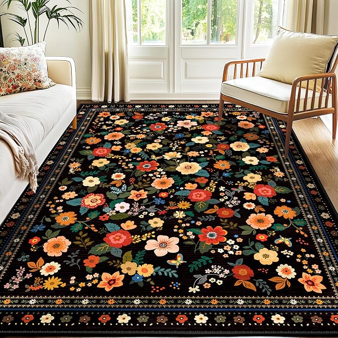 Washable Floral Area Rug for Living Room 5x7 Black | Non-Slip，Vacuum-Friendly, Low Pile, Flower Carpet for Bedroom Kitchen Entryway Dining Room Office Nursery