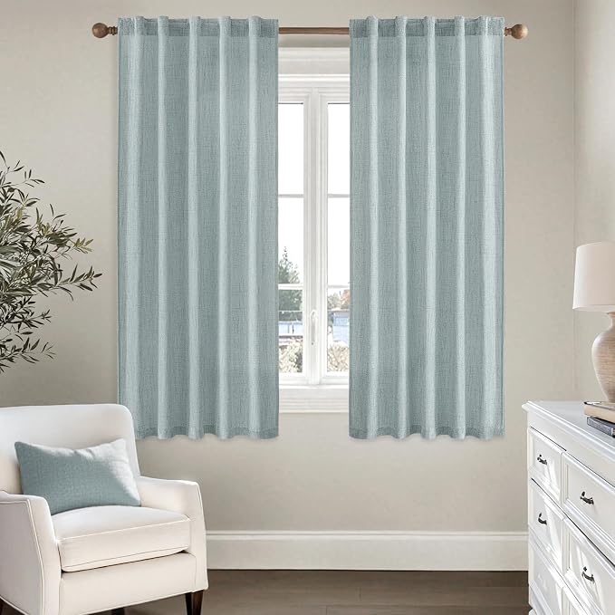 MIULEE Faux Linen Curtains 63 Inch Length 2 Panels Natural Stone Blue Semi Sheer Curtain with Back Tab Rod Pocket, Light Filtering Window Privacy Burlap Drapes for Living Room Bedroom 42W x 63L