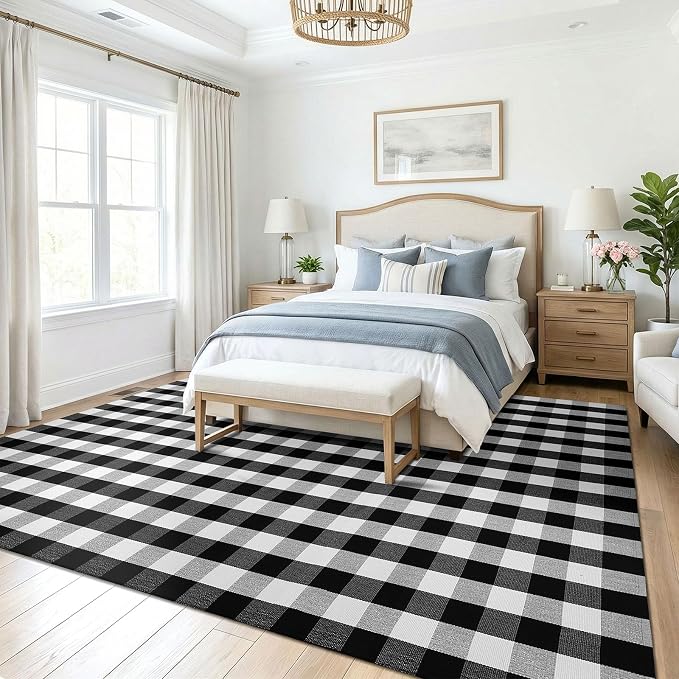 KOZYFLY Buffalo Plaid Area Rug 8x10 ft Living Room Rug, Black and White | Washable Checkered Rugs, Cotton Bedroom Rug, Woven Dining Room Rug, Indoor Outdoor Carpet for Farmhouse Patio Front Porch