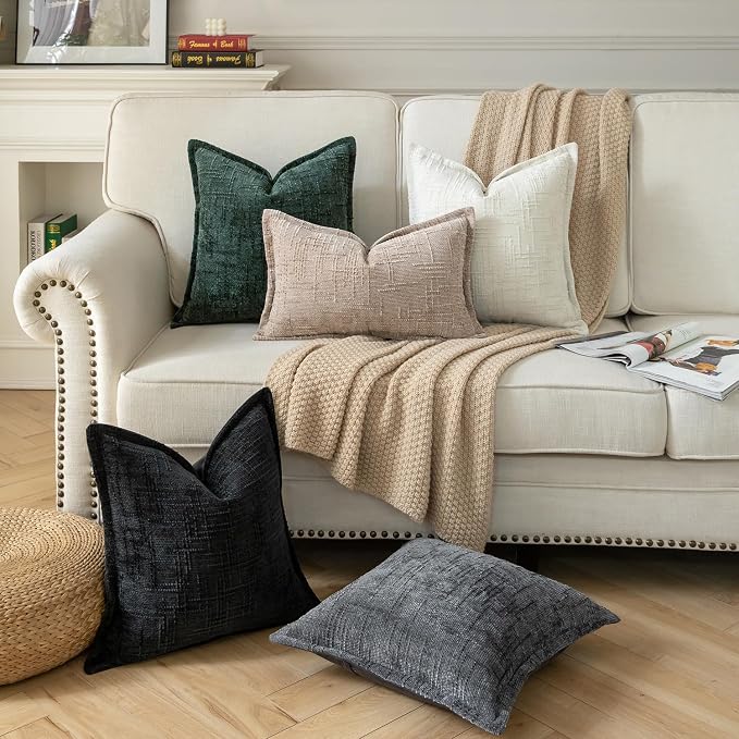 Yaertun Chenille Throw Pillow Covers 12x20 Inch Set of 2 Textured Broadside Soft Cozy Velvet Pillow Covers Modern Farmhouse Boho Decorative Pillow Cases for Couch Bed Sofa Livingroom Dark Gray