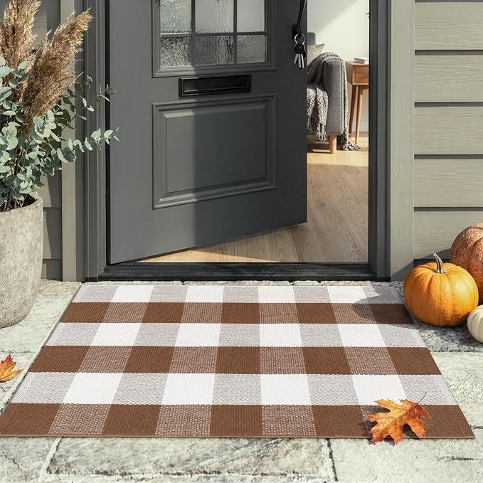 LEEVAN Buffalo Plaid Outdoor Rug, 2x3 Fall Front Porch Rugs Doormat Decor | Brown and White Entryway Rugs, Small Washable Layered Door Mat, Farmhouse Checkered Rugs for Kitchen Patio Bathroom Autumn