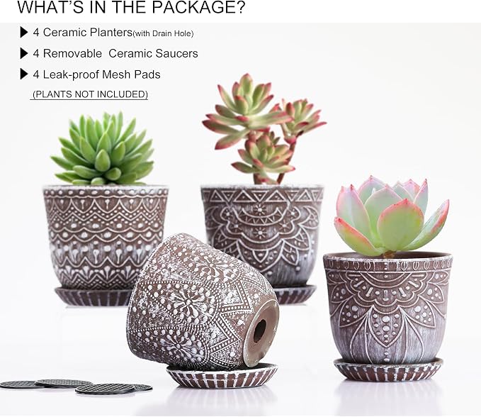 Gepege Ceramic Succulent Pots, 4 Inch Small Plant Pots with Drainage | Ceramic succulent pots with drainage holes, ceramic saucers and mesh pads, set of 4, ideal for cactus and succulents