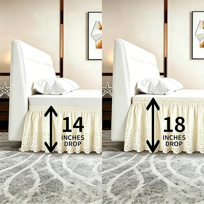 ANARACHON Twin Bed Skirt, Wrap-Around Elastic Ruffled Eyelet Bed Skirt Twin Size Dust Ruffle with Gathered Styling and Embroidered Details, 14" Drop Length (Light Yellow)