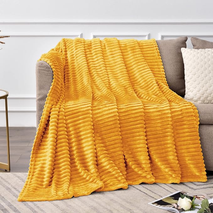 BEDELITE Ribbed Mustard Yellow Fleece Throw Blanket for Couch, 50x70 Inch | Soft Warm Decorative Fluffy Blanket, Cozy Plush Lightweight Fuzzy Throw Blanket for Bed Sofa Home Room Decor, Gift for Women