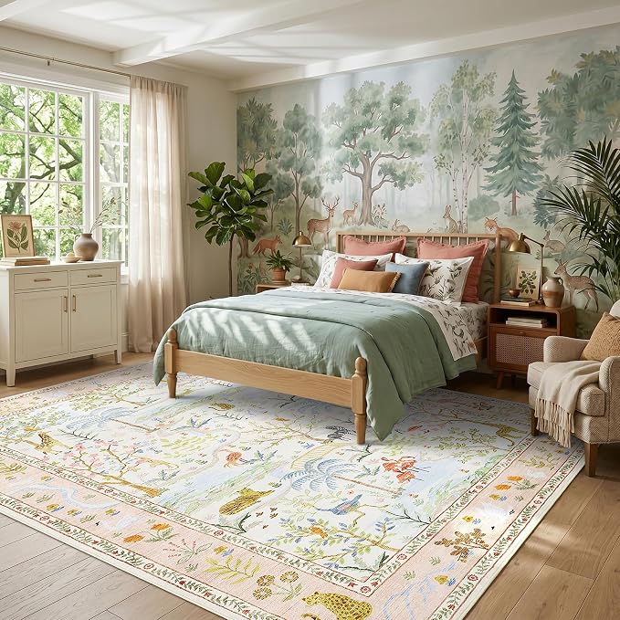 Washable Area Rug 5x7 Blush Animal Print Rugs for Nursery Non Slip Stain Resistant Forest Fairy Tale Throw Carpet Low Pile Whimsical Safari Area Rugs for Entryway Girls Bedroom Dining Room, PeachBlush