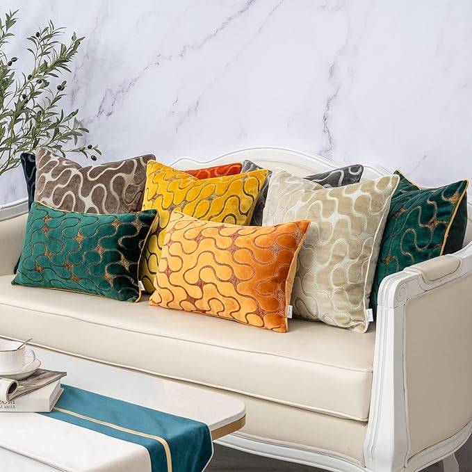 Yangest Beige Square Throw Pillow Cover Wavy Velvet Cushion Cover Modern Zippered Pillowcase for Sofa Couch Bedroom Living Room Chair, 20 x 20 Inch