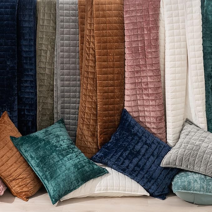 RECYCO Channel Box Stitch Velvet Quilt Set, King Size, Terracotta | Ultra Soft Lightweight Velvet Comforter, Luxury Oversized Bedspread Coverlet, Quilted Bedding Set for All Season with 2 Shams