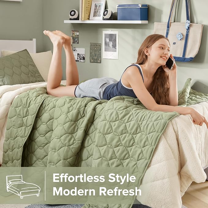 Comfort Spaces Kienna Twin Quilt Bedding Set 2P, 66"x 90" Olive Green Ogee | Soft Cozy Lightweight Summer Twin XL Coverlet for College Dorm, Quilted Extra Layer, Modern Casual Bedroom Decor, OEKO-TEX