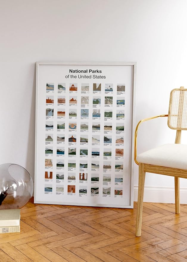 HAUS AND HUES National Parks Checklist Poster - 63 Illustrated Park Thumbnails Art Print - Vintage Style Print for Travelers, Nature Lovers, and Adventure Enthusiasts (White Frame, 24x36)