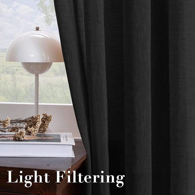 H.VERSAILTEX Linen Curtains Natural Blended Curtain Panels for Living Room/Light Reducing Linen Semi Sheer Curtains 96 inch Length 2 Panels Set Nickel Grommet Window Panels, 52" x 96", Black