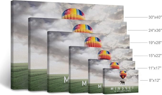 Smile Art Design Mindset is Everything Quote Elephant with Balloon in Sky Motivational Wall Art Canvas Print Inspirational Wall Art Entrepreneur Quote Office Decor Artwork Gift Ready to Hang 15x22