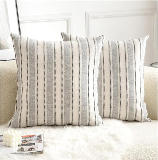 Cethom Decorative Boho Throw Pillow Covers, Farmhouse Textured Pillow Case, 22 x 22 Inch Set of 2, Chair Sofa Bedroom Living Room Home Decor Couch Cushion Case, Grey and Beige Striped