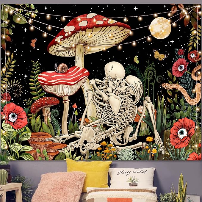 Accnicc Mushroom Skull Tapestry Skeleton Floral Plant Flower Aesthetic Bedroom Tapestries Nature Moon Wall Tapestry for Dorm Living Room (48'' × 36'')