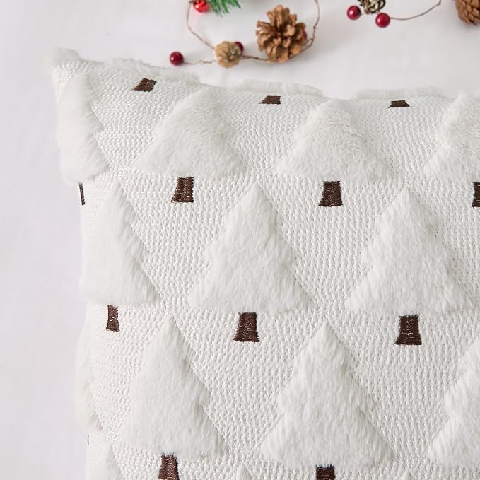 UGASA Christmas Decorative Pillow Covers 16x16 Inch Soft Plush Faux Fur Jacquard Throw Pillows Pillowcases for Couch Sofa Holiday Festivals Winter Home Decor Set of 2 Cream
