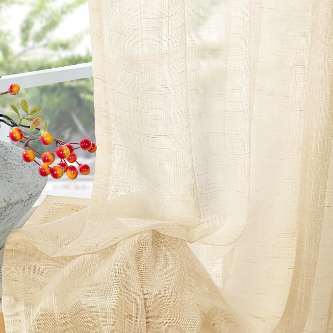 YoungsTex Linen Semi Sheer Curtains 72 Inch Length Cream Beige Drapes | Light Filtering Drapes Textured with Rod Pocket Back Tab Lightweight for Bedroom Living Room Window, 2 Panels, 52 X 72 Inch