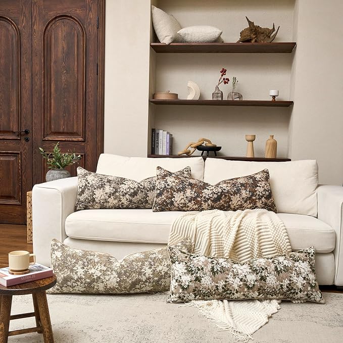 Yangest Neutral Floral Pillow Cover 14 x 36 Inches, Vintage Chenille Accent Throw Pillow Cover Soft Decorative Farmhouse Accent Couch Pillow Cover for Living Room Bedroom, Green