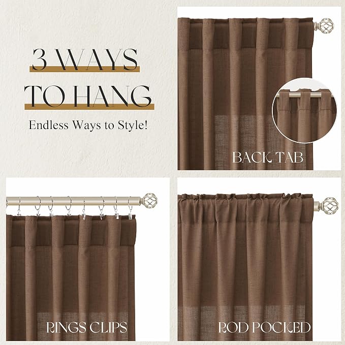 Jowels Caramel Brown Linen Curtains 84 Inch Long 2 Panels for Living Room | Light Filtering Semi Sheer Curtain, Back Tab Pocket Pleated Look, Boho Farmhouse Textured Privacy Drapes for Bedroom Window