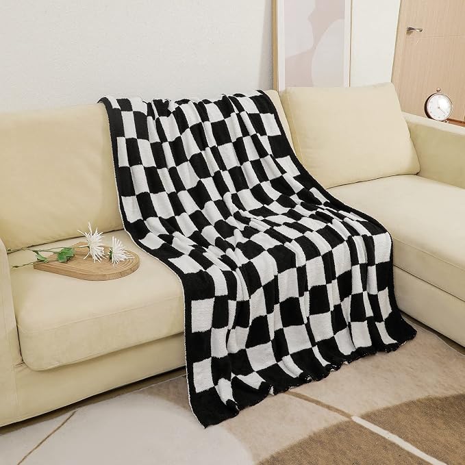bearberry Soft Plush Throw Blanket for Couch, Cozy Warm & Lightweight | Knitted Fluffy Checkered Comfort Home Decor Gift for Women Mom Her, Sofa Chair Bed, 50x60in, Black