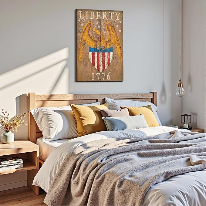 Framed Liberty 1776 Bald Eagle Wall Art, Patriotic Vintage Canvas Art Pictures, USA Flag Wall Decor, Made in USA Ready to Hang for Office Man Cave