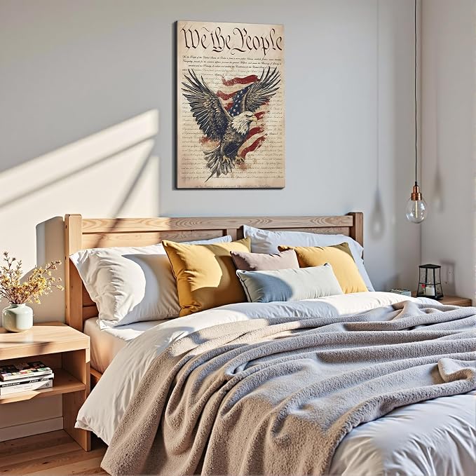 Framed We The People Bald Eagle Wall Art, Patriotic US Constitution Canvas Art Pictures, American Flag Wall Decor, Made in USA Ready to Hang for Office Living Room