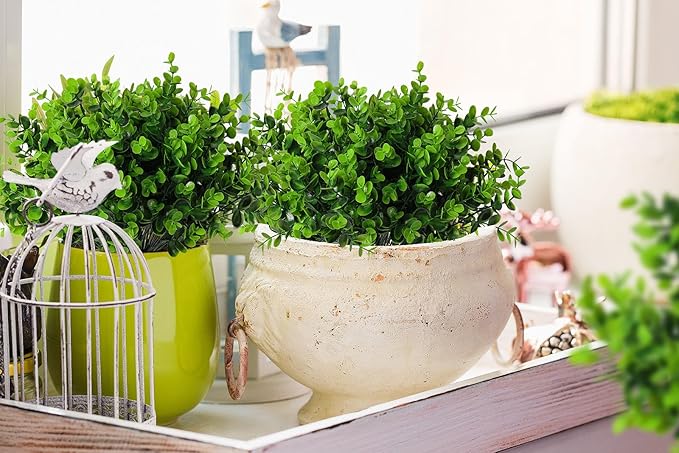 RECUTMS 12 Bundles Artificial Eucalyptus Plants Greenery Stems 13In Green | Plastic Boxwood Shrub Branch,Long-term Reuse,No Maintenance,Farmhouse Garden Home Office Wedding Indoor Outdoor Planter Decor
