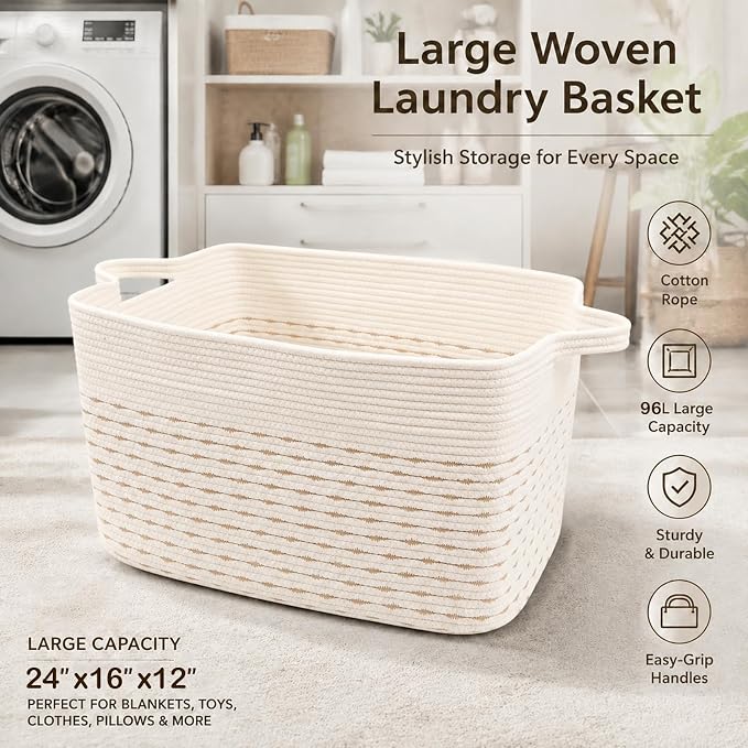 65L Large Laundry Basket with Handles,Woven Blanket Basket,Yellow | 21"×16"×12" Collapsible Cotton Rope Storage Basket for Toys Clothes & Pillows, Nursery, Bathroom, Bedroom, Living Room