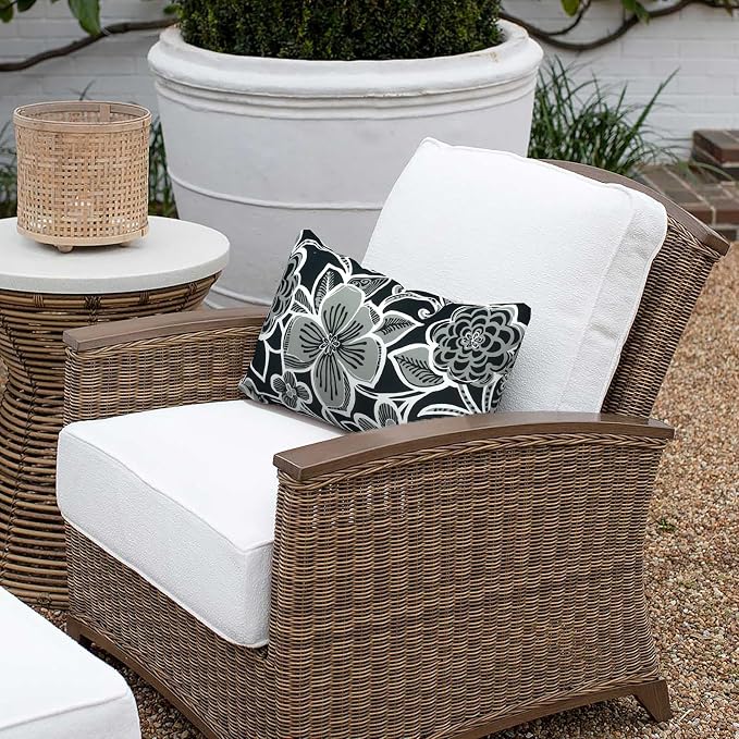 Outdoor Lumbar Pillow Covers 12”x20”, Rectangle Throw Pillow Covers for Patio Furniture, Decorative Lumbar Cushion Case for Garden Balcony Couch Office Chair, Pack of 2,Flower Black