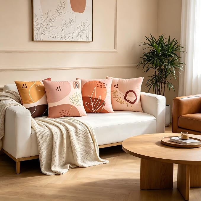 Boho Throw Pillow Covers 18x18 Set of 4 Terracotta Blush Minimalist Abstract Art Cushion Covers with Hidden Zipper, Soft Polyester Double Sided Print, Machine Washable, No Inserts