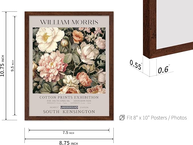 Poster Master William Morris Poster - Pink Peonies Print - Flower Art - Botanical Art - Exhibition Illustration - Textile Pattern Illustration - Floral Illustration - Aesthetic Office or Bedroom Decor - 8x10 Brown Framed