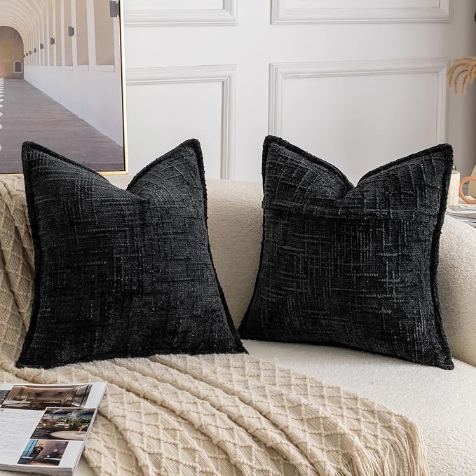 MADIZZ Pack of 2 Chenille Throw Pillow Covers 24x24 Inch Black Soft Neutral Decorative Throw Pillows for Couch Sofa Boho Accent Cushion Covers Modern Farmhouse Home Decor for Bedroom Living Room