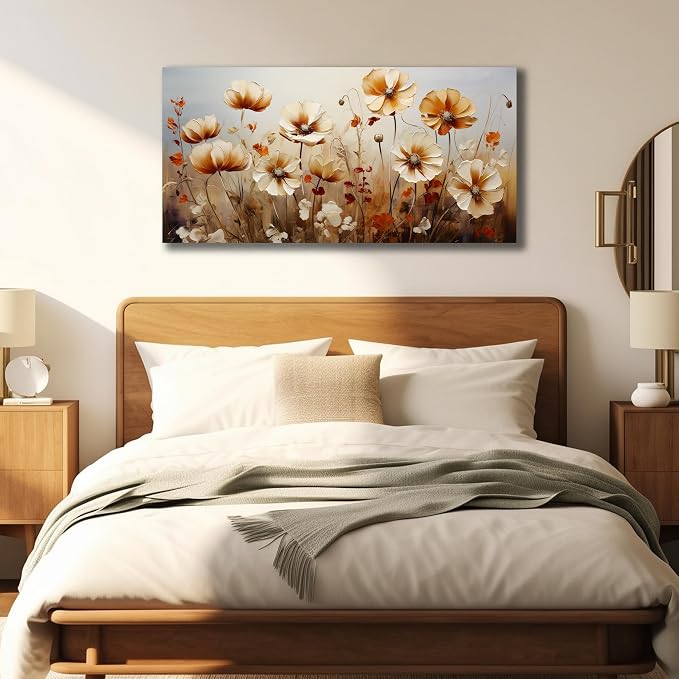DNIEOTU Flower Wall Art for Living Room, Floral Canvas Wall-Decor for Bedroom, Beige and Brown Picture Prints for Hallway Office, Size 40 x 20 Inches