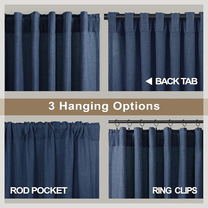 Navy Blue Linen Curtains 60 Inch Wide Back Tab Semi Sheer 2 Panels
