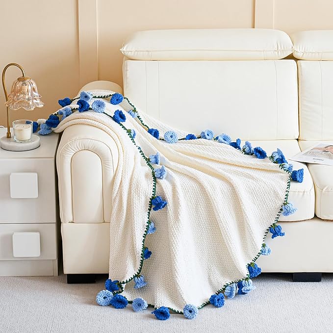 Crochet Flower Bouquet Throw Blanket, Handmade Knitted Blanket with Flowers, Cute Romantic Gift for Her Girlfriend Mom Mother’s Day Valentine Wedding Anniversary Birthday, Blue 60 Inches