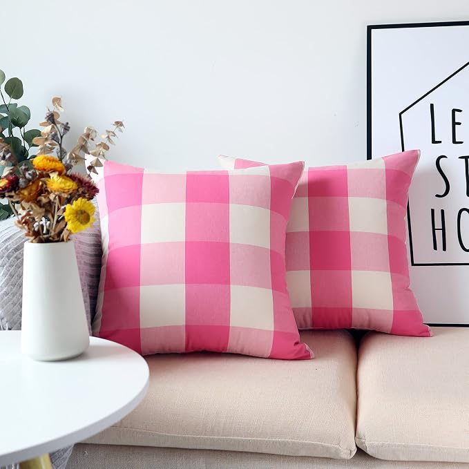 Valentines Day Decorative Throw Pillow Covers Pink and White Buffalo Check Plaid Cushion Cases 16 x 16 in Pack of 2 Farmhouse Decor for Couch Sofa Bedroom Patio Outdoor