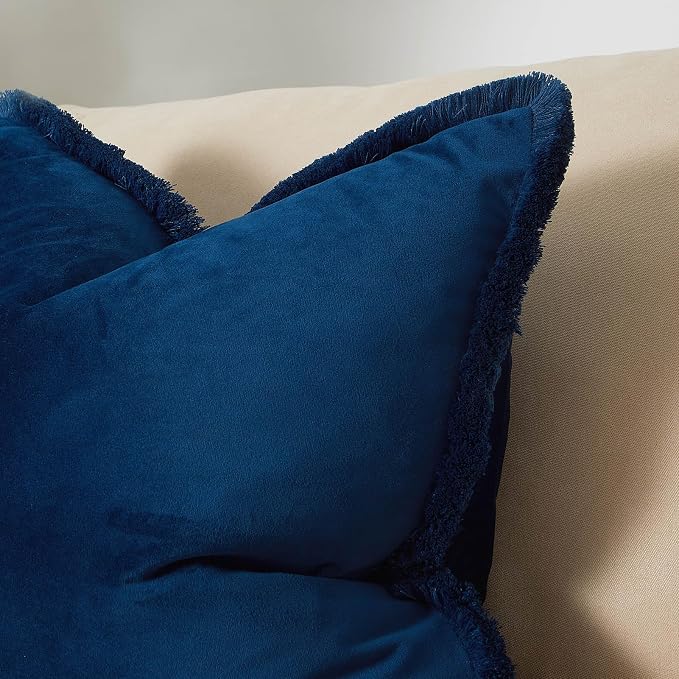 JUSPURBET Pack of 2 Navy Blue Decorative Fringe Velvet Throw Pillow Covers 16x24 for Home Decor Living Room Bedroom Car Boho Soft Cushion Cover with Hidden Zipper Machine Washable