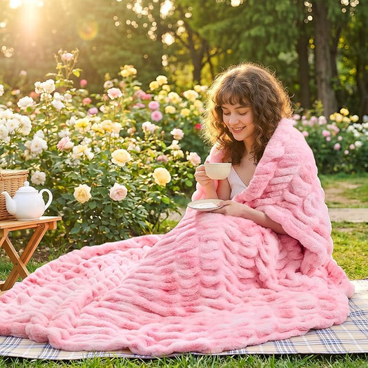 Lotus Karen Faux Fur Throw Blanket, 900 GSM Dual-Sided Soft Ruched Fluffy Blanket for Couch, Cozy Fuzzy Plush Throw Gifts for Women Man Bedroom Living Room (Tie-Dye Pink, 50"x60")