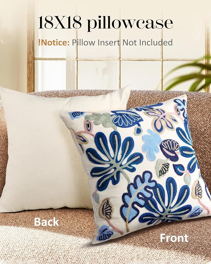 Embroidered Throw Pillow Cover - 18x18 Decorative Pillow Cover with Zipper Aesthetic Cute Design Boho Spring Summer Throw Pillowcase for Living Room Couch Sofa Bed, Abstract