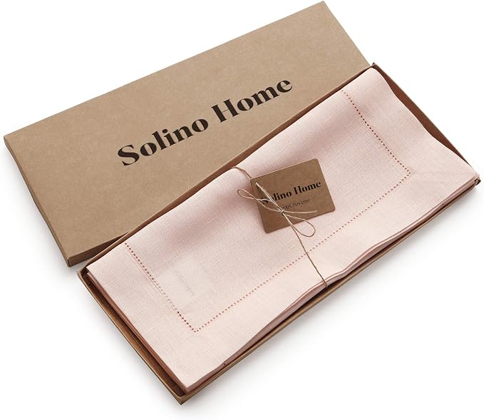 Solino Home 100% Pure Linen Table Runner Pink, Classic Hemstitch 14 x 60 in | dresses up dining tables for everyday meals, hemstitched border, mitered corners, machine washable, soft, OEKO-TEX Certified