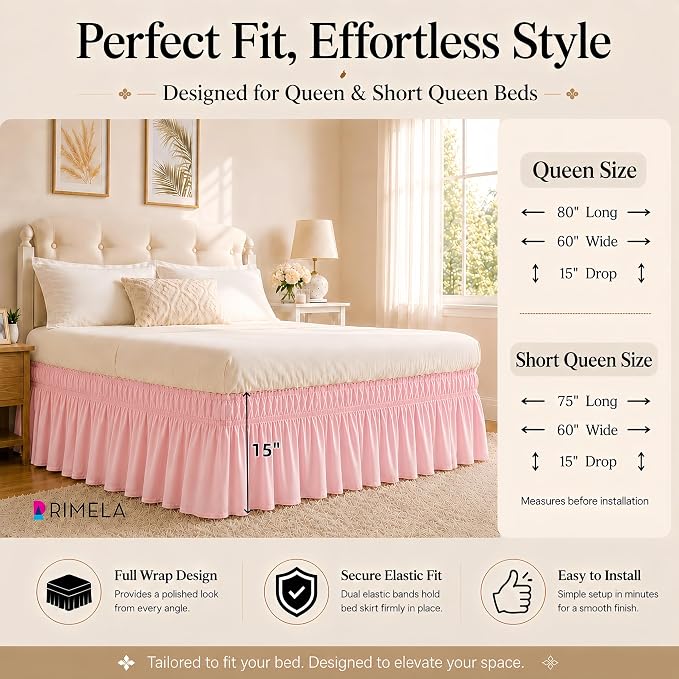 Pink Bed Skirt Queen Size 15 Inch Drop, Elastic Wrap Around Bedskirt | Solid Ruffled, Easy to Use, No Mattress Lifting, Wrinkle & Fade Resistant, with Adhesive Strips, Machine Wash/Dry/Iron