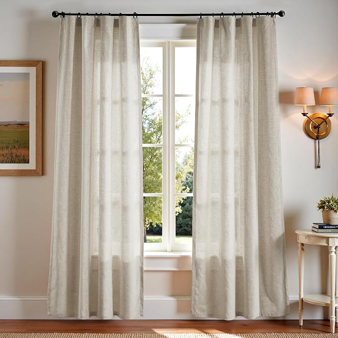 jinchan Linen Curtains Light Filtering Back Tab 50x84 Inch 2 Panels | Semi Sheer Curtains 84 inch length for Bedroom Living Room, Modern Farmhouse Drapes with Rod Pocket, Natural Boho Curtains
