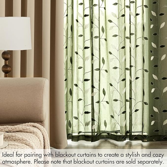 MIULEE Olive Green Sheer Curtains 2 Panels Leaf Patterned, W52 x L63 | Embroidered Floral Semi Sheer,Rod Pocket,Faux Linen,Short Window Curtains Drapes Set for Kitchen/Bathroom/Cafe