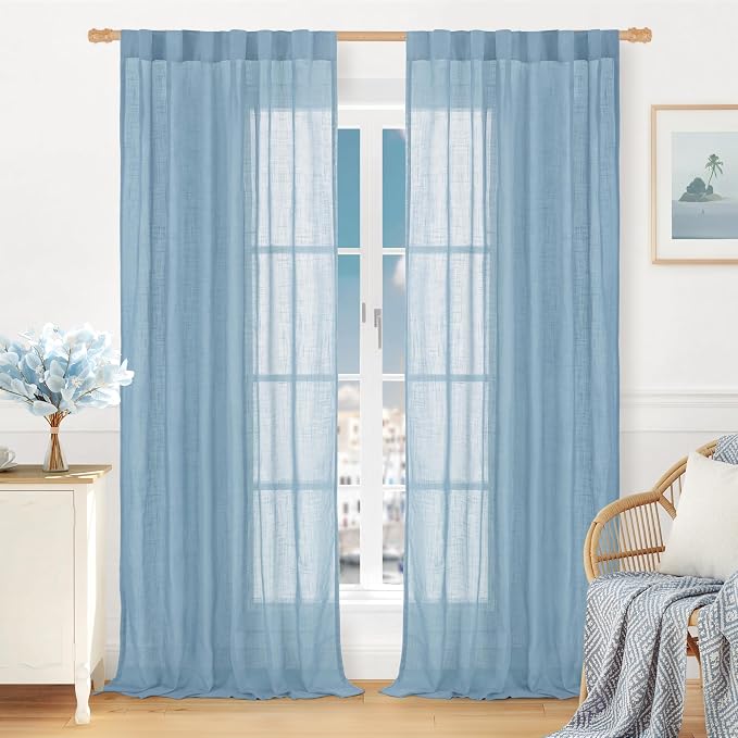 Linen Curtains for Living Room 96 inch Long 2 Panels, 52 x 96 Inch | Blue, Light Filtering Semi Sheer Curtains, Farmhouse Boho, Back Tab Rod Pocket, Drapes for Bedroom, Sliding Glass Door