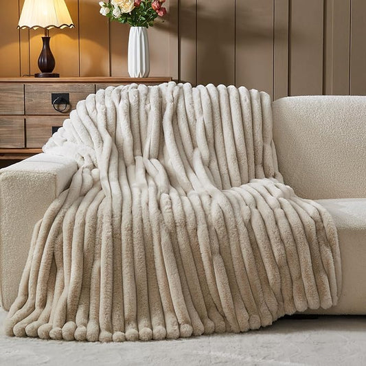 NEWCOSPLAY Faux Fur Ribbed Throw Blanket for Couch, Linen, 50"x60" | Plush Soft Thick Warm Blanket for Couch Sofa Bed 850GSM, Fluffy Cozy Luxury Decorative Throw, Gift for Women Men