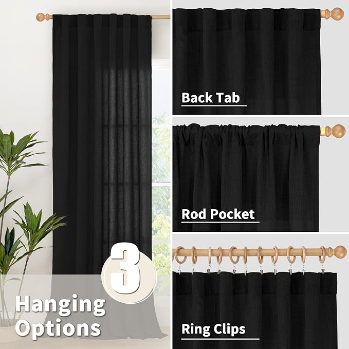 YoungsTex Black Linen Curtains 36 Inch Long for Kitchen 2 Panels, Light Filtering Semi Sheer Drapes Short Length with Back Tab Rod Pocket Gothic Decorative Privacy for Bathroom Cafe, 42 X 36 Inch